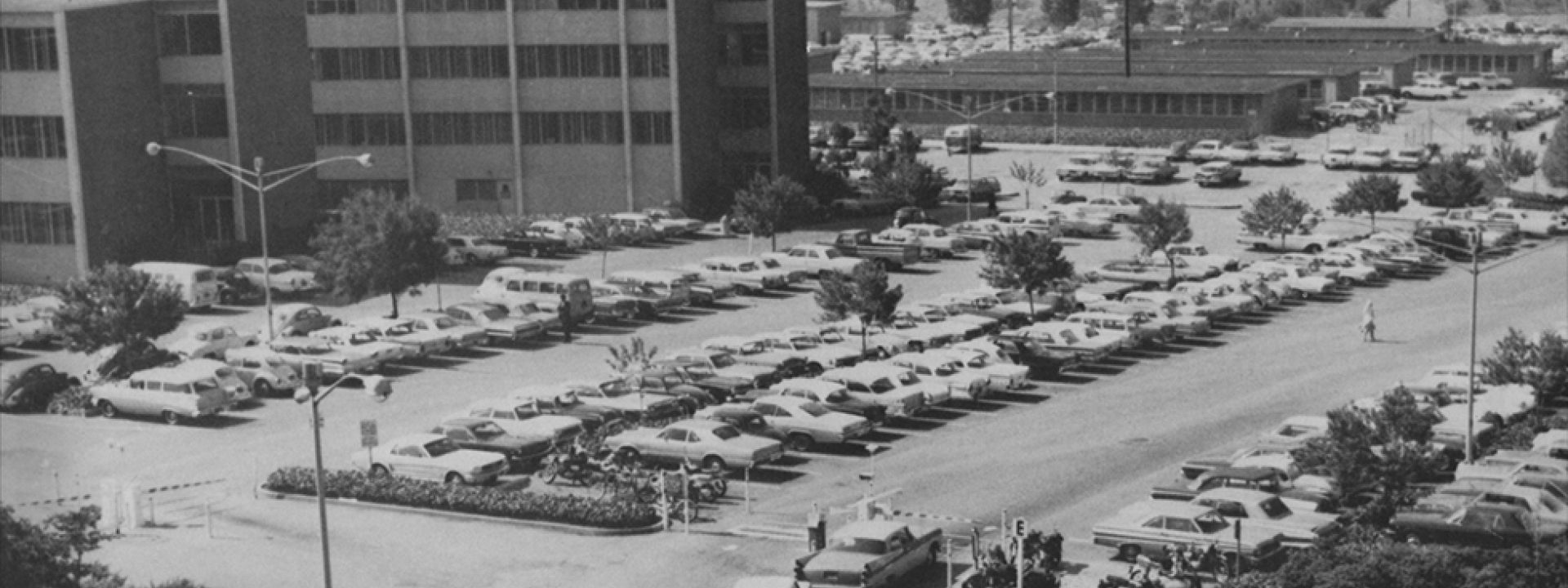 Birdseye view of cars parked in parking lot at Cal State LA