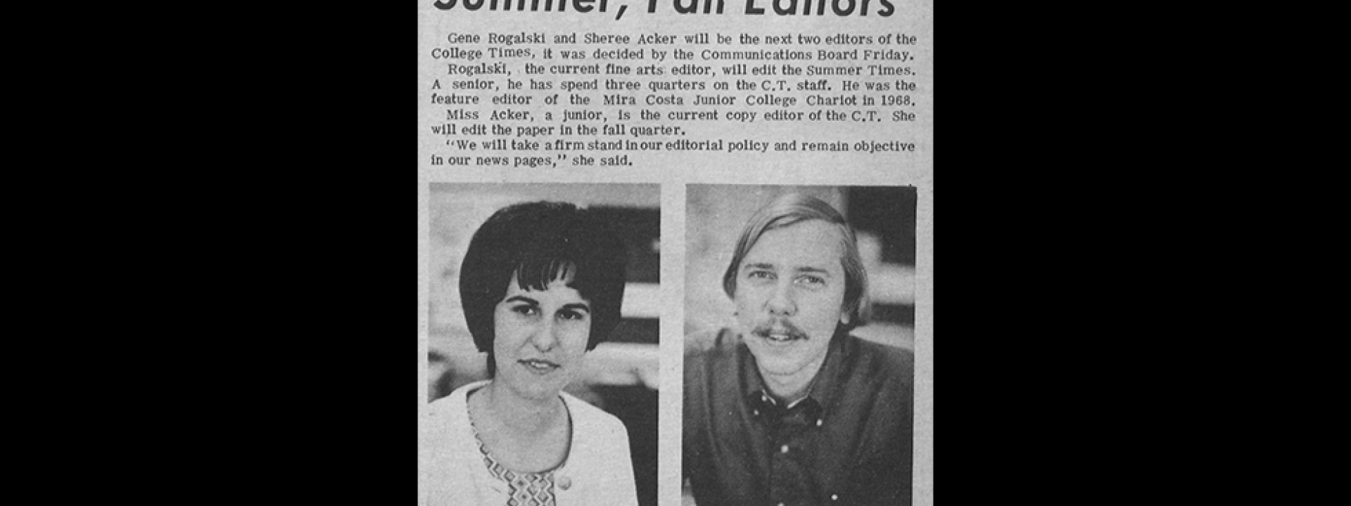 Newspaper clipping of Sheree Acker and Greg Rogalski. Text: Com Board Approves Summer, Fall Editors