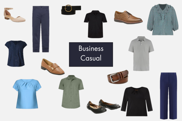 Business Casual Clothing Samples, including dark pants, solid-color button shirts, and close-toed business shoes.