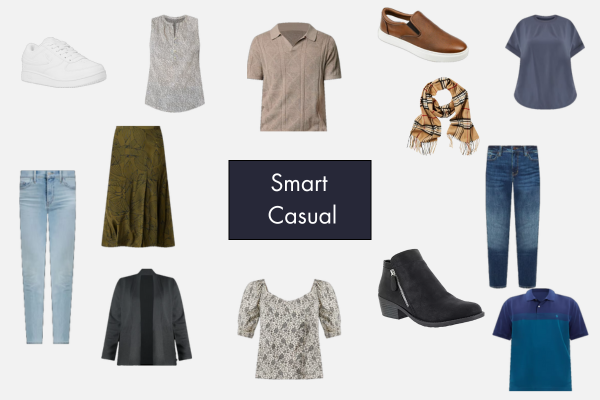 Smart Casual Clothing Samples, including untorn jeans, blouses, polo shirts, and clean casual shoes.