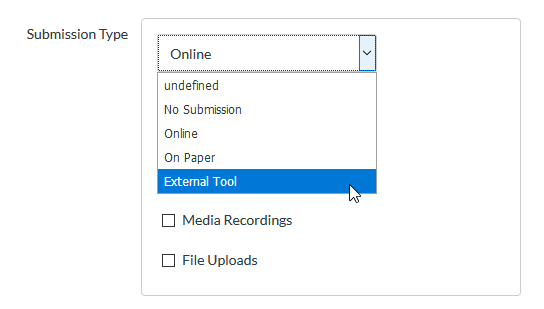 Title: External tool - Description: For submission type click the down arrow and choose external tool.