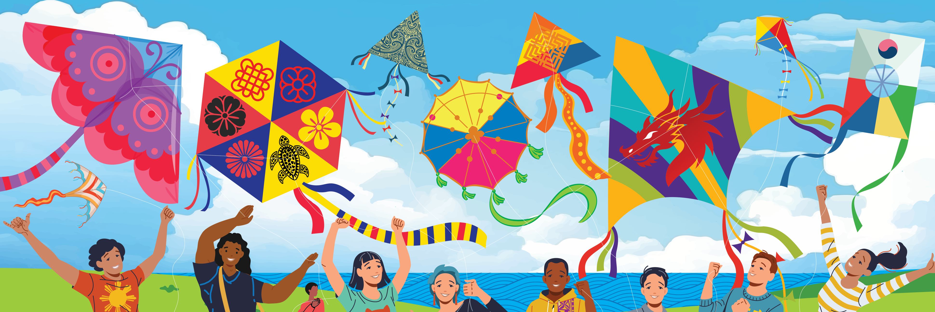 Colorful image of people holding up kites with different AANHPI patterns on a background with blue sky, clouds and green grass