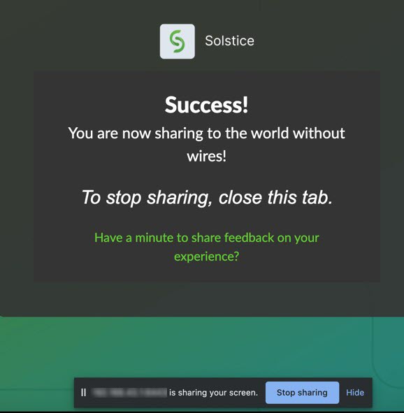 Solstice page indicating that you are now sharing