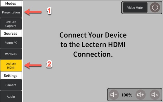 Touch panel home screen with Presentation mode and Lectern HDMI source selected