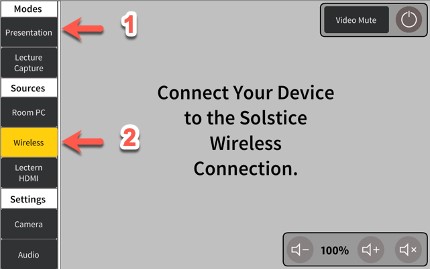 Touch panel home screen with Presentation mode and Wireless source selected