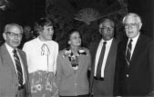 This photo shows the Early Emeriti Association presidents.  From left to right: Sid Albert, Alice Thompson, Gene Tipton, Mike Grisafe, Don Mortensen