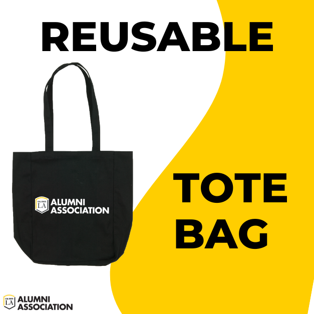 Reusable black tote bag with cal state la alumni written on the front