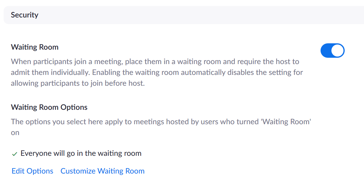 Screenshot of Zoom security page showing where to turn on waiting room