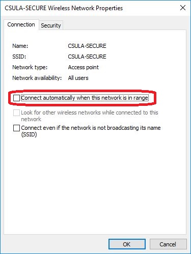 CSULA-SECURE Wireless network properties check connect automatically