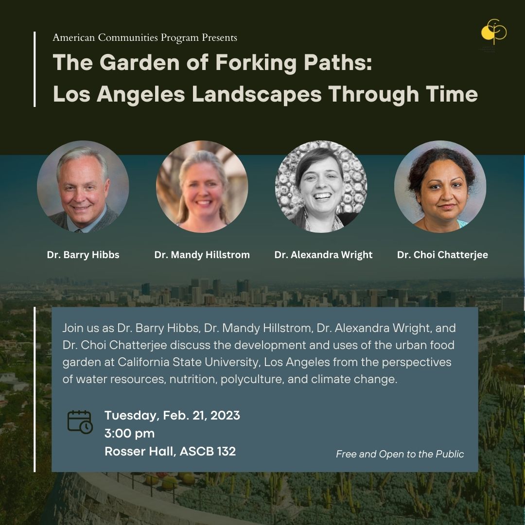 4 rounded photos of the guest speakers. Details in white type on a blue background. There is an image of LA and a garden.