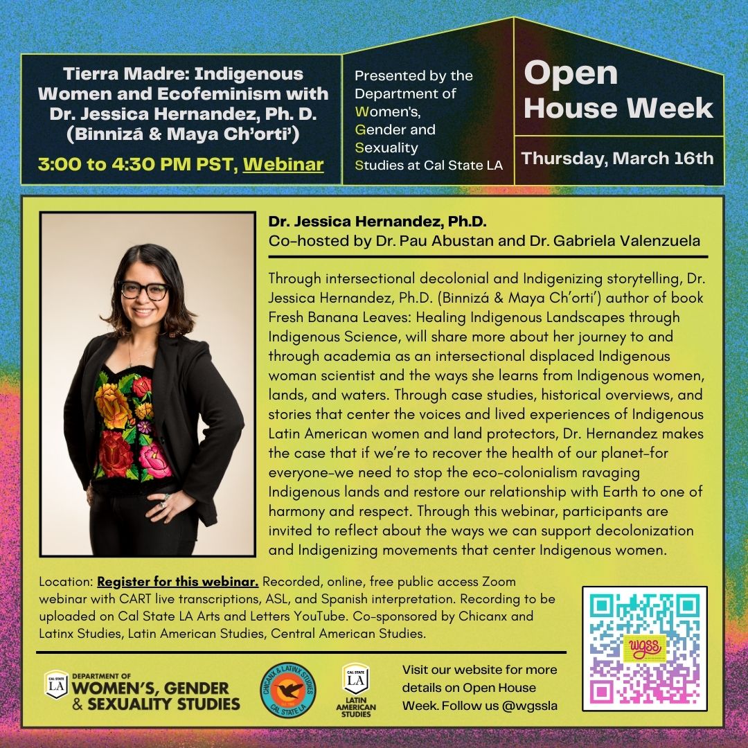 Image ID: Colorful flyer with event information listed above and a photo of Dr. Jessica Hernandez with wearing black glasses, black blazer, floral shirt, black pants smiling. Dr. Jessica Hernandez wearing black frame glasses, magenta earrings, magenta sca