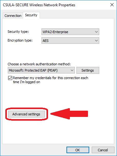 CSULA-SECURE Wireless network properties Security tab Advanced Settings button