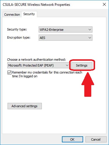 CSULA-SECURE Wireless network properties Security tab Advanced Settings button