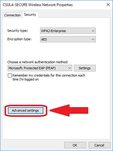 CSULA-SECURE Wireless network properties Security tab Advanced Settings button