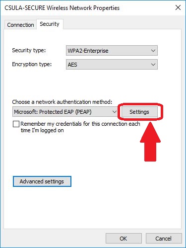 CSULA-SECURE Wireless network properties Security tab Advanced Settings button