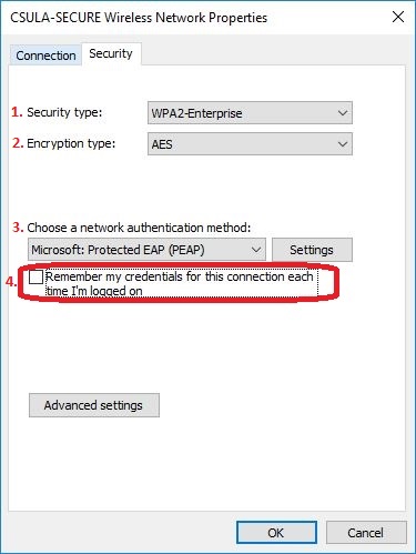 CSULA-SECURE Wireless network properties Security tab Advanced Settings button