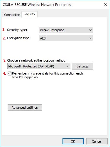 CSULA-SECURE Wireless network properties Security tab Advanced Settings button