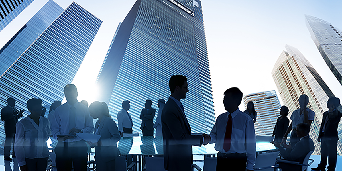 Image of Business Mixer with Background Skyscrapers