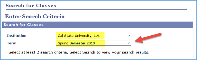 Screenshot of Class Search with Institution and Term highlighted