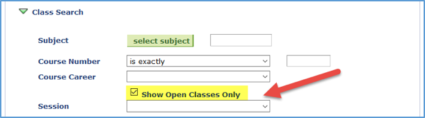 Screenshot of Class Search with Show Open Classes Only checkbox checked