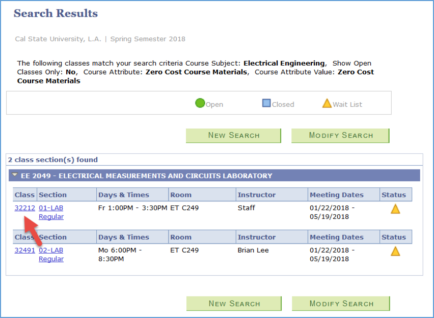Screenshot of Search Results with Class Number emphasized