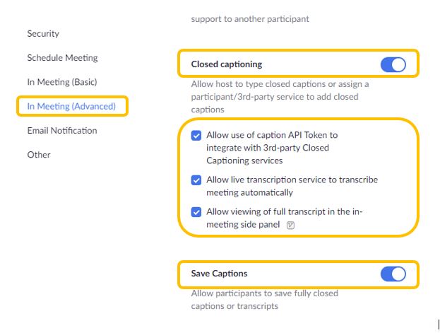 Screenshot of Zoom account settings to enable captions